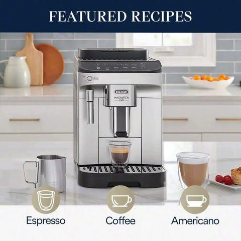 Magnifica Evo Automatic Espresso And Coffee Machine With Built In Grinder And Auto Clean Function on kitchen counter