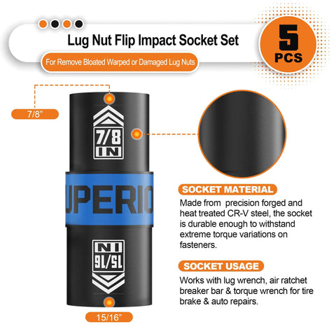 Half Inch Drive Lug Nut Impact Socket Set 5 Piece Thin Wall Flip Sockets with CR-V Steel and 3 Inch Extension Bar