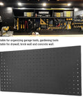 Durable Metal Perforated Panel Wall Storage Kit for Garage and Workshop, customizable pegboard system installed with tools and shelves