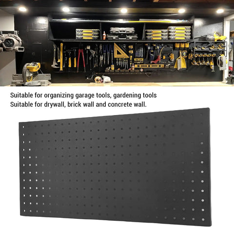 Durable Metal Perforated Panel Wall Storage Kit for Garage and Workshop, customizable pegboard system installed with tools and shelves