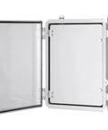 Junction Box IP67 Waterproof Electrical Enclosure with Transparent Inner Door, Hinged Grey Cover, Wall Bracket shown open