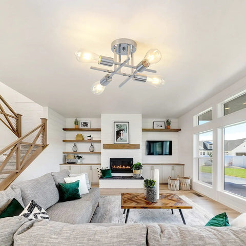 Chrome Semi Flush Mount 4-Light Sputnik Ceiling Fixture in modern living room.