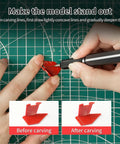 Pro Grade 7 Piece Tungsten Steel Scribing Tool Set With Wooden Stand in use for model detailing on red plastic kit.