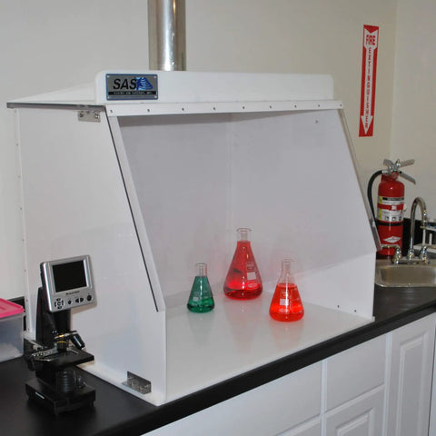 Heavy-Duty 40-Inch Wide Ducted Fume Hood With 6-Inch Exhaust Collar And LED Lighting in lab setting with colored flasks