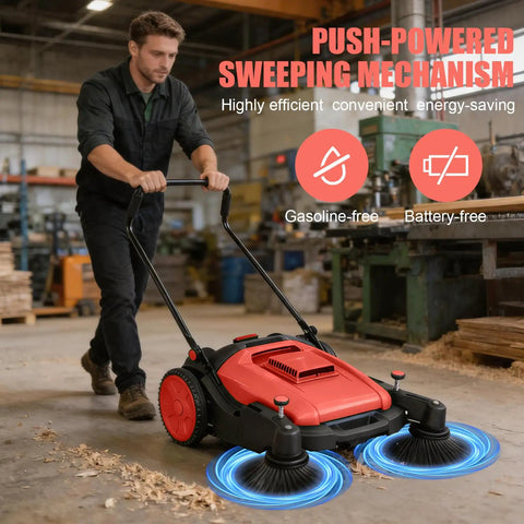 42 Inch Walk Behind Floor Sweeper With 15 Gallon Hopper For Industrial Use. Heavy Duty Hand Push Broom Cleaner For Warehouses Garages And Barns. No Power Needed Manual Sweeping Solution For Large Debris And Dust Cleanup.