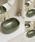 Retro Green Ceramic Above Counter Bathroom Vessel Sink, Artistic Curved Design, Scratch-Resistant & Easy-to-Clean Vanity Sink for Home, Balcony, Guest Bath (23.6in/60cm) on a countertop with a faucet.