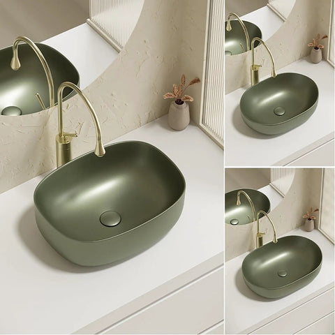 Retro Green Ceramic Above Counter Bathroom Vessel Sink, Artistic Curved Design, Scratch-Resistant & Easy-to-Clean Vanity Sink for Home, Balcony, Guest Bath (23.6in/60cm) on a countertop with a faucet.