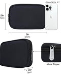 Compact Grab And Go Travel Case Organizer for Small Electronics shown with iPhone for size comparison, black case with metal zipper