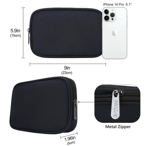 Compact Grab And Go Travel Case Organizer for Small Electronics shown with iPhone for size comparison, black case with metal zipper