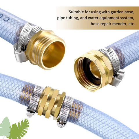 Four Set Three Quarter Inch Solid Brass Garden Hose Mender Kit With Eight Stainless Steel Clamps connecting hoses