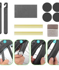 Bike Repair Bag With Tire Pump And 16 In 1 Multitool Kit For Cycling kit showing tire levers, patches, and puncture repair steps