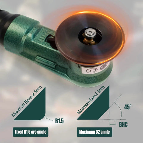 Mini Pneumatic Chamfering Tool, Handheld Air Deburring Machine showing R1.5 arc angle with green body design and spinning blade.