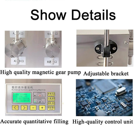 Pro Grade Automatic Liquid Filling Machine Double Head Stainless Steel Bottle Dispenser control panel with high quality pump details.