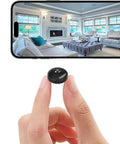 Crystal Clear 4K Wireless Home Security Camera For Indoor Monitoring With WiFi Pet Surveillance Motion Detection Night Vision Nanny Cam Wide Angle View Easy App Control And Real Time Alerts shown in living room video feed on phone.