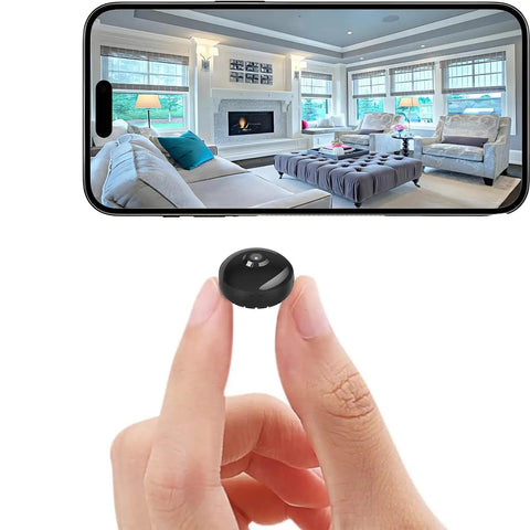 Crystal Clear 4K Wireless Home Security Camera For Indoor Monitoring With WiFi Pet Surveillance Motion Detection Night Vision Nanny Cam Wide Angle View Easy App Control And Real Time Alerts shown in living room video feed on phone.