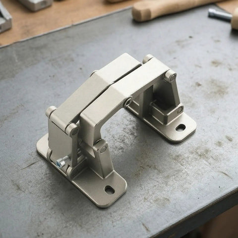 Straight Up Heavy Duty Conceal Hinge For Stone Doors And Fire Cabinets on a workbench, showcasing smooth operation and precision cast design.