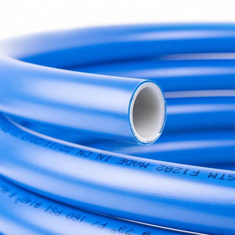 Pro Shop Grade Three Quarter Inch Compressed Air Tubing Kit 25 Foot Leak Proof Piping, blue tubing coiled up.