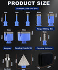 Diamond Tile Hole Saw Kit featuring various drill bit sizes and beveling chamfer adapter, ideal for hard stone drilling.