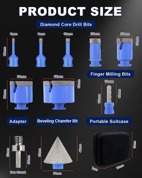 Diamond Tile Hole Saw Kit featuring various drill bit sizes and beveling chamfer adapter, ideal for hard stone drilling.