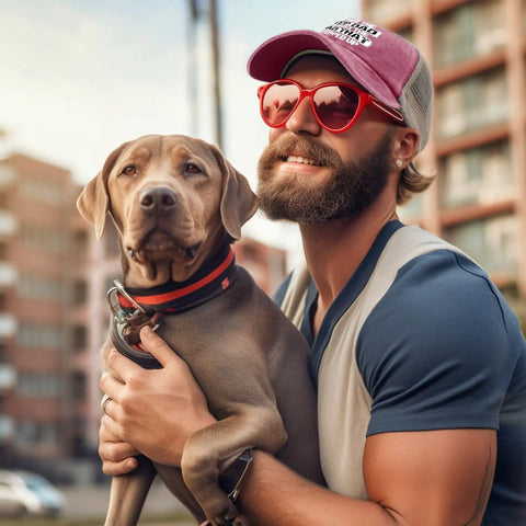 Man wearing Not The Stepdad The Dad Who Stepped Up Dope Deep Rose Adjustable Golf Trucker Hat with dog outdoors