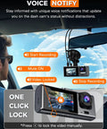 A driver using a 3 Channel WiFi Dash Cam with front, rear, and cabin cameras, showing voice notification and manual lock features.