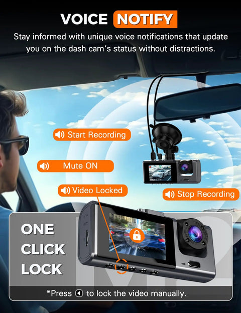 A driver using a 3 Channel WiFi Dash Cam with front, rear, and cabin cameras, showing voice notification and manual lock features.