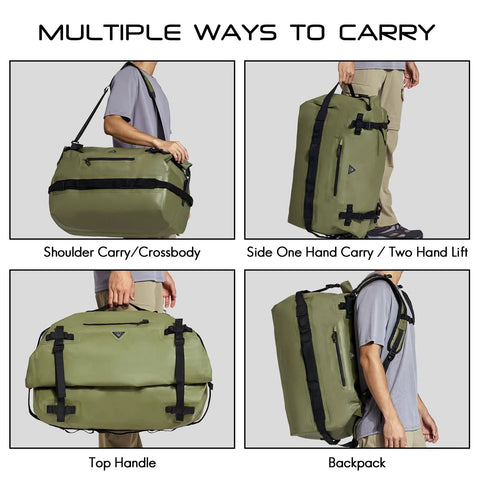 Waterproof Duffel Backpack 60L Heavy Duty Dry Gear Bag For Camping Boating And Outdoor Travel For Men And Women Tough As Nails Roll Up Duffle With IPX7 Waterproof Seal And Reinforced Seams Army Green, multiple carrying styles shown.