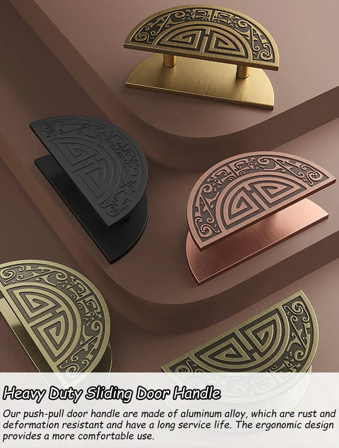 Heavy Duty Sliding Door Handle in aluminum alloy with black, gold, and copper finishes on a brown background