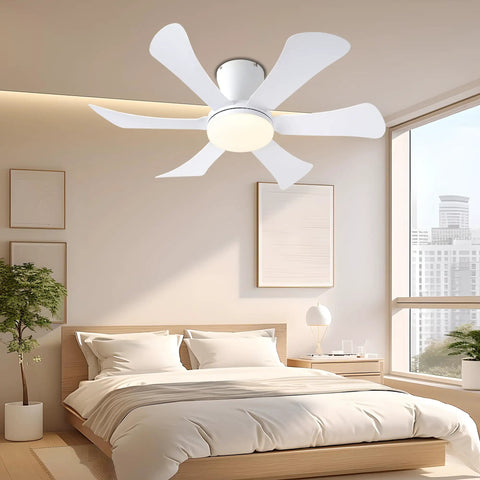 36 Inch Low Profile Ceiling Fan With Lights And Remote, Flush Mount White, Dimmable Brightness, in a cozy bedroom setting.