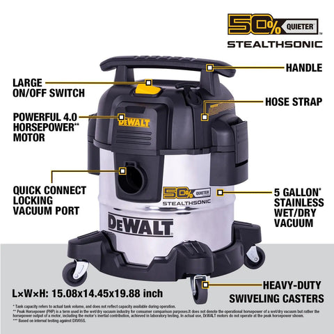 Solid Pick 5 Gallon Wet And Dry Shop Vacuum Featuring Stealth Sonic Quiet Motor and Mean Suction Power for Cleaning Up Heavy Dust and Wet Spills Real Quick with stainless steel finish and large handle.
