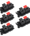 Two Way Spring Terminal Clip Push Release Connector Plate Jack Socket For Speaker Terminal Strip Block Jointing Clamp Test Clip WP2-19 5Pcs, black with red and black buttons, front view