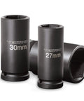 3/4 Inch Drive Deep 6-Point Impact Socket Set With Case, 8-Piece (27-38 Mm) showing 27mm and 30mm sockets standing upright