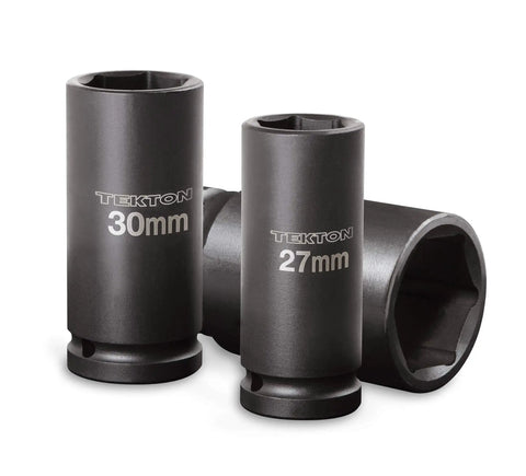 3/4 Inch Drive Deep 6-Point Impact Socket Set With Case, 8-Piece (27-38 Mm) showing 27mm and 30mm sockets standing upright