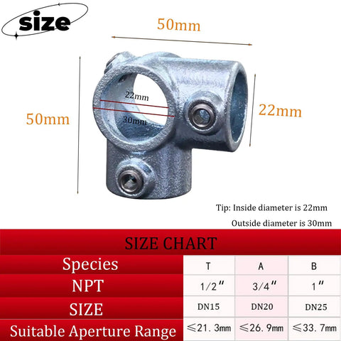 Half Inch Galvanized Steel Pipe Four Way Fitting Connector With Side Outlet, including size dimensions and chart