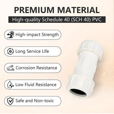 50 Piece 1-1/4 Inch Compression PVC Coupling COM X COM Pipe Fitting Top Shelf Schedule 40 Plastic Connector with labels on premium materials