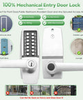 Mechanical Entry Keypad Door Lock With Key And Auto Locking Push Button Code, Single Sided Combination And Interior Hold Open Lever, Brushed Nickel Finish showing front and side view of the keypad.