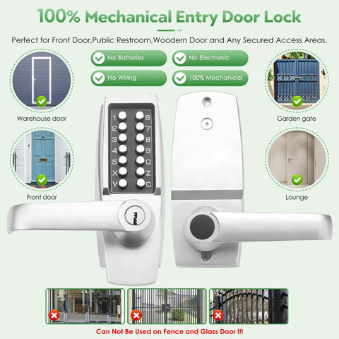 Mechanical Entry Keypad Door Lock With Key And Auto Locking Push Button Code, Single Sided Combination And Interior Hold Open Lever, Brushed Nickel Finish showing front and side view of the keypad.