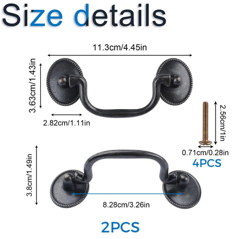 Drop Bail Drawer Handle Pull Set In Vintage Zinc Alloy With 83mm Hole Spacing For Cabinets And Furniture Slick Black Finish 2 Pack Screws Included Durable And Rust Resistant size dimensions diagram