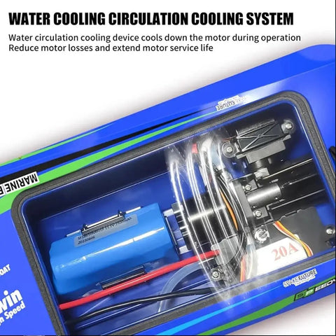 Close-up of the Ultra Fast 2.4G Brushless RC Speedboat's water cooling system, showing internal motor and components.