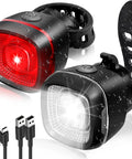 Type C Rechargeable LED Bike Front And Rear Light Set For Night Riding IPX6 Waterproof Safety Headlight And Taillight With USB Charge 50m Beam Distance For Clear Road View Great For Kids And Adults, showing front and rear lights with USB-C cables.