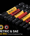 Hex bit set, 24-piece with 1/4-inch hex shanks, color-coded yellow and red sleeves, metric and SAE sizes
