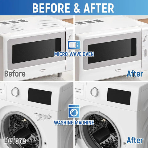 Before and after using White Appliance Touch Up Paint Pen Enamel High Gloss Acrylic Scratch Repair on microwave and washing machine.