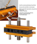 Auto Centering Dowel Jig Kit with Adjustable Drill Guide 0.4-2.4 inch range and six bushings, gold finish, woodworking tool.