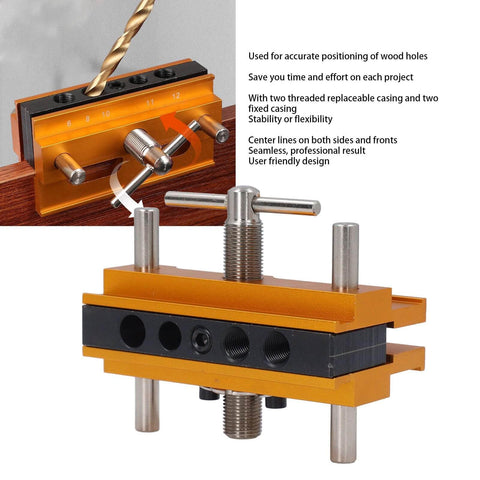 Auto Centering Dowel Jig Kit with Adjustable Drill Guide 0.4-2.4 inch range and six bushings, gold finish, woodworking tool.