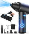 Rechargeable Brushless Air Duster With Bright Led Light And High Speed Fan For Instant Keyboard Laptop And Pc Cleaning in black with attachments.