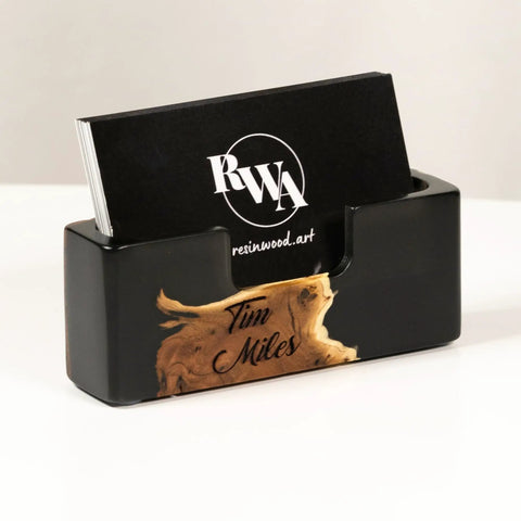 Black Wood And Epoxy Card Holder And Desk Organizer For Office Decor with cards displayed in premium finish