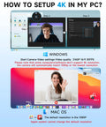 Setup guide for Plug And Play 4K Webcam delivering video clarity on Windows and Mac, showing resolution options and steps.