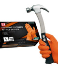 Hella Tough 8 Mil Nitrile Mechanic Gloves With Raised Diamond Texture Heavy Duty Disposable Work Gear Puncture Resistant Grease Slayer Case Of One Hundred Orange Medium Battle Tested holding a hammer.