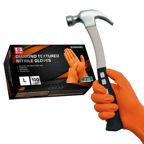 Hella Tough 8 Mil Nitrile Mechanic Gloves With Raised Diamond Texture Heavy Duty Disposable Work Gear Puncture Resistant Grease Slayer Case Of One Hundred Orange Medium Battle Tested holding a hammer.