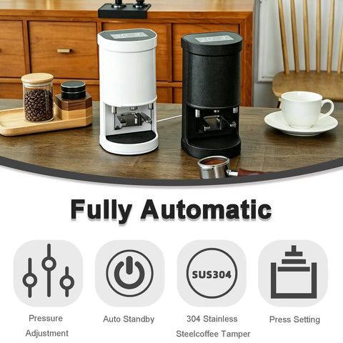 Automatic Digital Coffee Tamper Featuring Touchscreen Controls For Home Or Cafe Setups Adjusting Five To Thirty Kilograms Of Force Custom Cycle Times Delivering Rock Solid Compression Level Up Your Daily Grind Routine, shown in white and black.